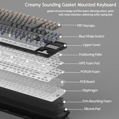 MageGee LIGHT87 Wireless Creamy Keyboard, Gasket Structure, RGB Backlit, 2.4G/USB-C/BT5.0 Hot Swappable Mechanical Gaming Keyboard for Win/Mac/PC, 8000mAh Battery, Side Printed PBT Keycaps, Black - color: Grey Black/Blue Whale Switch