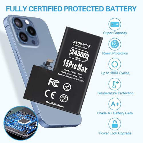 XYIRMCYF 24300mAh Super Capacity Battery Compatible with iPhone 15 Pro Max, 0 Cycle Li-Polymer Replacement Battery for iPhone 15 Pro Max, with Professional Repair Tool Kit - color: 15Promax-24300