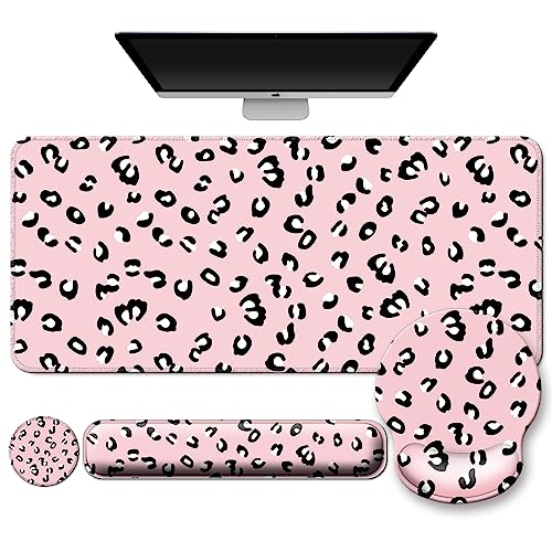 4 in 1 Mouse Pad Set with Wrist Rest for Keyboard,Desk Mat,Coaster-Pink | Desk Matt for Desktop Cute Ergonomic Keyboard Pad Support For Gaming Computer Women Office Home Decor - color: B2-Pink Leopards