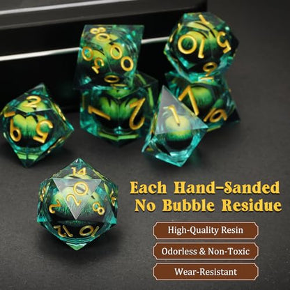 MoKo Liquid Core DND Dice Set 7PCS, Green + Gold | Sharp Edge Resin Polyhedral, D20 D12 D10 D8 D6 D4 D%, Gift Box Included, Compatible with Dungeons and Dragons RPG - color: 1 - Green + Gold