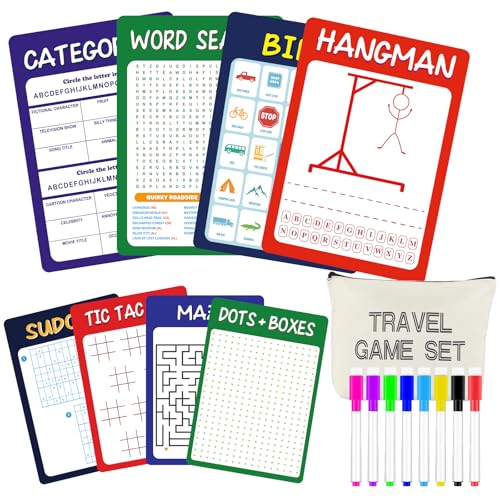 Chiisong 17 Pcs Portable Travel Game Set for Kids 8 Reusable Dry Erase Game Card with 8 Colorful Erasable Pen and Bag Educational Toy for Car Road Trip Airplane for Age 6-12, 9"x6"(Advanced Style) - style: Advanced Style