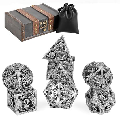 7PCS DND Dice Set, Premium Hollow Metal Polyhedral Dice with Treasure Chest & Dice Bag, Gift for Men & Women, Dungeons and Dragons, TTRPG RPG Tabletop Games(Antique Silver) - color: Antique-silver