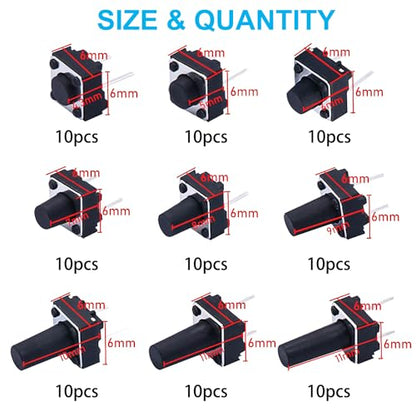 TWTADE 90PCS 2 Pin Tactile Switch Micro Momentary Tact Push Button Switch Assortment Kit 6 x 6 x 4.3/5/6/7/8/9/10/11/12mm(Each Values 10pcs) QC-9V-2P - color: Black-2 Pin 6x6mm Series