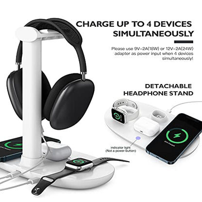 Headphone Stand with 15w Wireless Charger, Suguder 4 in 1 Charging Station Headset Holder for AirPods Max/Pro/4/3/2 iWatch 10/9/8/7/6/5/4/3/2/1/SE iPhone 17/16/15/14/13/12/11/X for Desktop Table Game | 4 in 1 15w Charging Station Headset Holder for AirPod