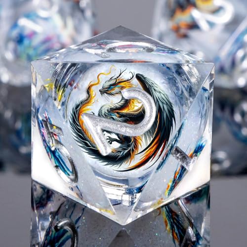 Roycevon Dragon Pattern Liquid Core DND Dice Set, 7Pcs Sharp Edge D&D Dice with Gift Box, White Resin Dungeons Dragons D and D Role Playing Dice D20 D12 D10 D8 D6 D4 - color: White