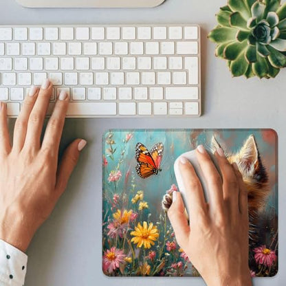 Cat Flowers Butterfly Mouse Pad Square Mouse Pads with Stitched Edge, Computer Mousepad with Non-Slip Rubber Base for Computer Laptop Office Desk Accessories 9.5x8 Inches - color: Cat Flowers Butterfly