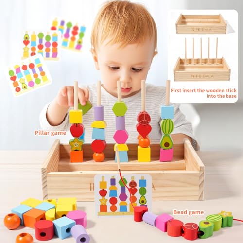 INIFEIDALA Montessori Toys for 3 4 5 Year Old,Gifts for Toddlers | Stacking Blocks, Lacing Beads & Shape Stacker, Wooden Beads Sequencing Toy Set, Fine Motor Skills & STEM Preschool Learning - style: Lacing Beads