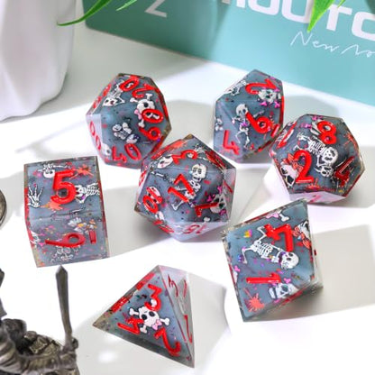 XENOLUX Polyhedral Dice Set for Dungeons and Dragons - Spooky Cute 3D Dancing Skeleton Resin DND Dice Set with Tin Box, Sharp Edge RPG Dice for Tabletop Board Games (L19) - color: L19
