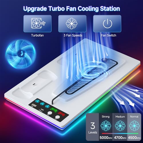 PS 5 Cooling Station Stand RGB with Dual Controller Charging Station for PS 5 Console, PS 5 Accessories Incl. Controller Charger, Cooling Fan, Headset Holder, 3 USB Hub - color: RGB-white