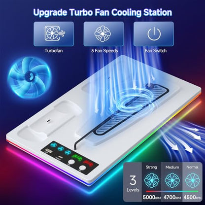 PS 5 Cooling Station Stand RGB with Dual Controller Charging Station for PS 5 Console, PS 5 Accessories Incl. Controller Charger, Cooling Fan, Headset Holder, 3 USB Hub - color: RGB-white