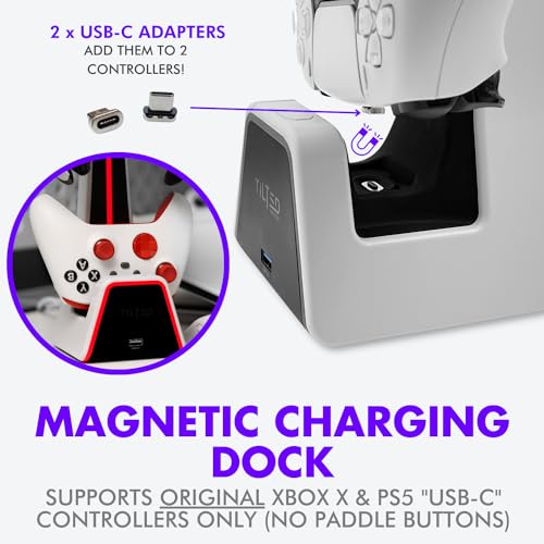 Tilted Nation Gaming Headset and Controller Stand | Premium PS5 Accessories (Clean Space with Charging Station) Headphone and Controller Holder for Desk, PlayStation 5, Xbox Game, - color: White
