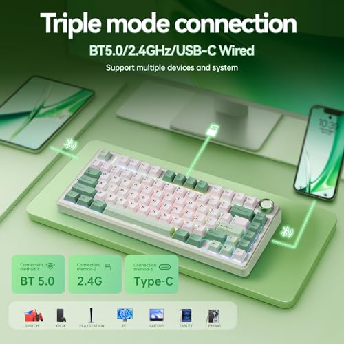 Aula F75 Gaming Keyboard, 75% Wireless Keyboards RGB Backlit with Knob, Tri-Mode Hot Swappable Mechanical Keyboard for PC Gamer - Green - color: White Green