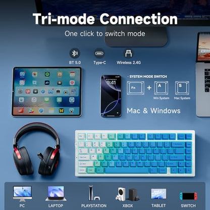 MCHOSE G75 PRO 75% Wireless Mechanical Keyboard, TKL Keyboards Tri-Mode BT5.0/2.4GHz/USB-C, Hot Swap Custom Creamy Keyboards Linear Switch, Double Shot PBT Keycaps RGB LED Backlit, White&Blue - color: Blue