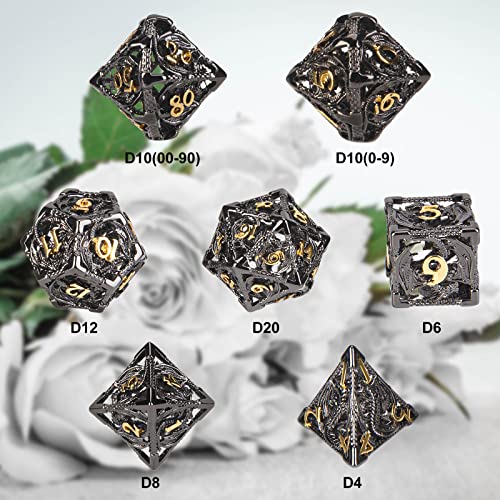 DND Dice,Hollow D&D Metal Dice,Dungeons and Dragons Dice Set with Gift Box,7 PCs Steampunk Polyhedral Dice Games Set for RPG,MTG,Pathfinder, (Dragon Black Golden) - color: Dragon Black Golden