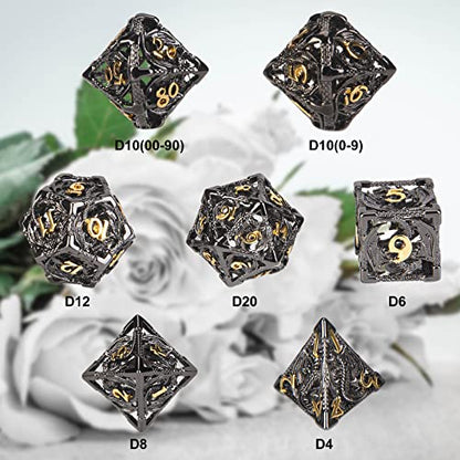 DND Dice,Hollow D&D Metal Dice,Dungeons and Dragons Dice Set with Gift Box,7 PCs Steampunk Polyhedral Dice Games Set for RPG,MTG,Pathfinder, (Dragon Black Golden) - color: Dragon Black Golden