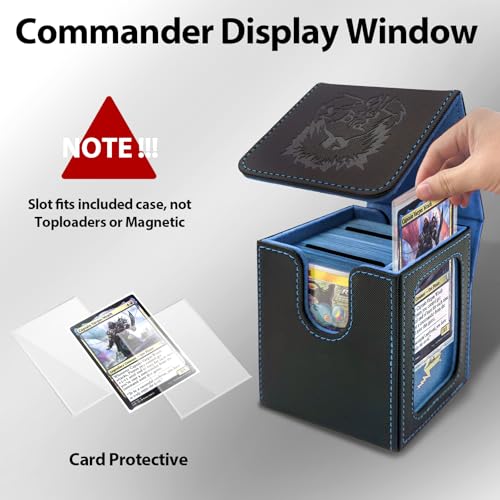 Card Deck Box with MTG Commander Display, Fits 100 Double Sleeved Cards, Magnetic Deck Case compatible with TCG Black/Blue - color: Black/Blue