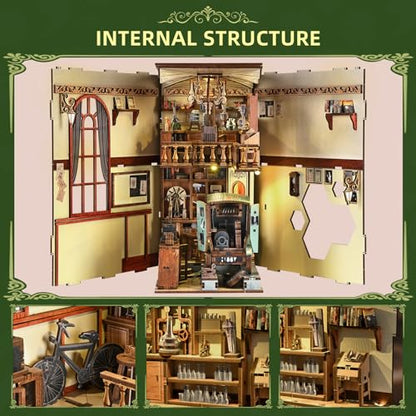 MiniCity Public Library Book Nook Kit, 3D Wooden Bookshelf Puzzle with LED | 7.1 x 9.1 x 7.1 in; 504-piece DIY kit with LED and dust cover; glue/tools included; 6-8 hr build for shelf display, ages 14+ - style: The Radium Lady