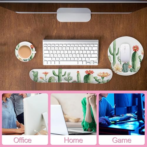 Cactus Succulent Greenery Flower Keyboard Wrist Rest Pad and Mouse Pad Wrist Support Set,3-in-1 Ergonomic Mouse Pad with Non-Slip Rubber Base for Home Office Game Computers Desk, - color: Cactus Succulent Greenery Flower
