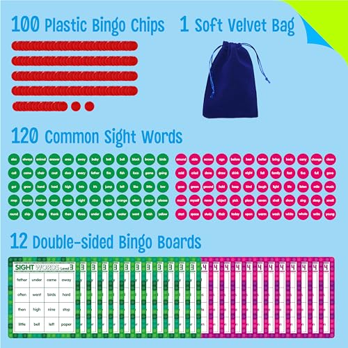 SpriteGru Sight Word Bingo Game, 120 Sight Words Learn to Read Level 3 & Level 4 Bingo Board Game Dolch's & Fry's Words Lists for Kindergarten and Preschool Kids 5+, Perfect for Classroom & At Home - style: Sight Word Bingo Game Level 3-4