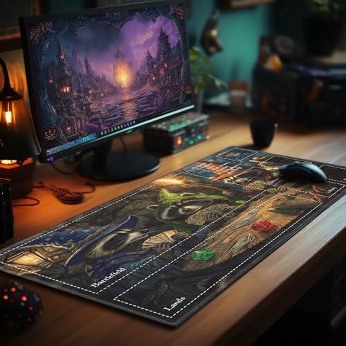 Fantasy Raccoon TTRPG Night MTG Playmat, Medieval Tavern TCG Mat with Game Zones, EDGFRTOIO Tabletop Magic Play Mats 24"x14" Non-Slip Rubber Base for Trading Card Games Battles - color: Fantasy Raccoon Ttrpg Night, size: 24"X14" With Zones