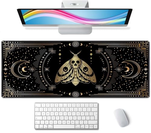 Moth Witch Desk Mat Moon Phases Large Mouse Pad XL Extended Gaming Mousepad Crescents Keyboard Mouse Mat Desk Pad for Computer Laptop 31.5''X11.8'' Non-Slip Rubber Base with Stitched Edges - color: Moth Witch Moon Phases