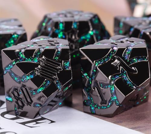 Cracked Rune Metal Dice Set for DND & RPG – Dark Fantasy Fractured Design, Premium Heavy Metal Polyhedral Dice with Deep Engraved Numbers, 7-Piece Set – Green Mystic Vein - color: Black Nickel Green