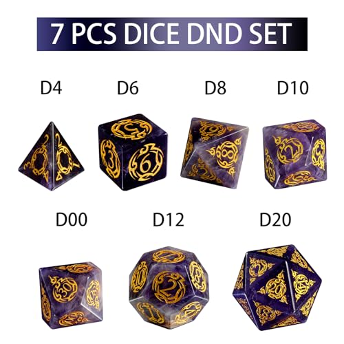 Amethyst Dice Dice Set, 7-Piece Handcrafted Polyhedral Dice with Gold Engraving, Ideal for D&D, RPG, MTG & Tabletop Games, Gift Box Included (Amethyst Totem) - color: Amethyst Totem