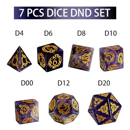 Amethyst Dice Dice Set, 7-Piece Handcrafted Polyhedral Dice with Gold Engraving, Ideal for D&D, RPG, MTG & Tabletop Games, Gift Box Included (Amethyst Totem) - color: Amethyst Totem