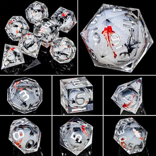 ARUOHHA DND Dice Set Liquid Core Koi Fish Sharp Edged Dragons Dice Compatible with D&D Role Playing Game, RPG Handmade Resin Dungeons Polyhedral D and D Dice Set D20 D12 D10 D8 D6 D4 - color: Hy-silver Grey
