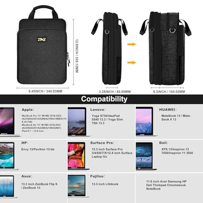 ZINZ Laptop Shoulder Bag 12.3-13 inch Case Sleeve, Expandable Handbag with Valuables Compartment Compatible with MacBook Air/Pro/Neo 13", iPad 12.9"/13"/11", Shockproof,Black - color: Black