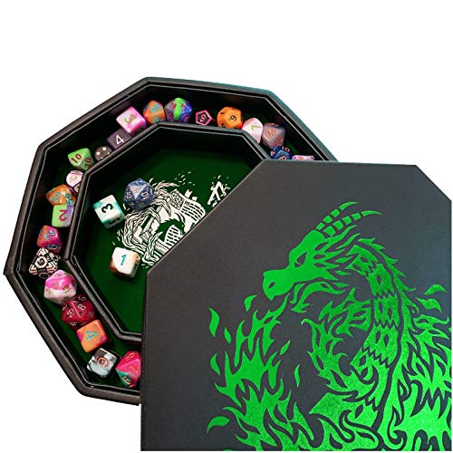 Fantasydice Green Fire Dragon Dice Tray with Wizard Book Print – 9" Octagon with Dice Staging Area, Holds 5 Dice Sets – Ideal for Tabletop RPGs and Board Games - color: Green Dragon Octagon