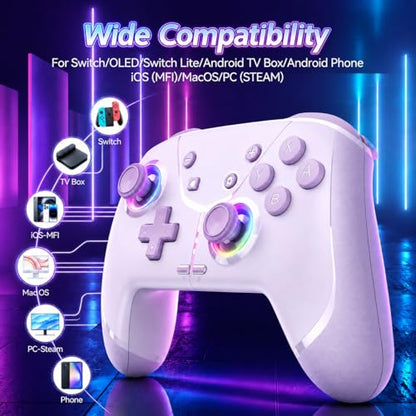 Switch Controller, Wireless Pro Controller for Nintendo Switch 2/Switch/Lite/OLED, Bluetooth controllers Compatible with iPhone/Mac/iPad/iOS/Android/Phone/PC/Steam and TV with Programming/RGB4/Vibration / 3 Turbo Modes/6-Axis/Motion (Purple) - color: Purp