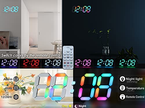 KOSUMOSU Wall Clock Neon Digital Clock 3D LED Desk Clock Large Display 9.7" RGB Clock Alarm Clock for Bedroom Living Room,Remote,Brightness Dimming, Date,Temp - color: 9.7in Clock-neon Light