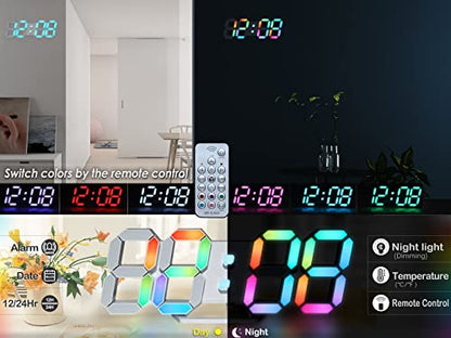 KOSUMOSU Wall Clock Neon Digital Clock 3D LED Desk Clock Large Display 9.7" RGB Clock Alarm Clock for Bedroom Living Room,Remote,Brightness Dimming, Date,Temp - color: 9.7in Clock-neon Light