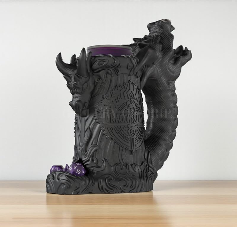 Dragon Slayer Dice Tower & Drink Holder – DND Accessory, Dice Roller Mug, Fantasy Decor for Dungeons and Dragons, Pathfinder, Warhammer, TTRPG Gift for RPG Gamers (Obsidian Black, Standard 12oz Cans)