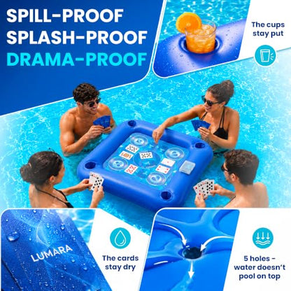 LUMARA Floating Table for Pool with Waterproof Playing Cards, Pool Games for Adults, 4 Cup Holders, Drinks and Snacks Tray, Hot Tub Party Accessory
