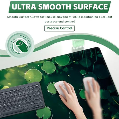 Baziabbo Green Desk Mat,XXL Extended Big Mouse Pad,Gaming Mousepad with Stitched Edge,Non-Slip Rubber Base Keyboard Desk Pad for Home Office Study Game - color: Pond Lotus Leaf