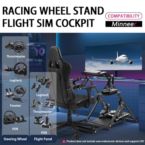 Minneer Flight racing simulator cockpit Foldable Steering Wheel Stand with Seat Fixing Slot, Fits for Logitech/Thrustmaster/Fanatec X56/X52/G29/G923/T248/T300/TSPC game wheel Excluding Wheel, Pedals