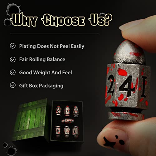 Bullet Dice Set, DND Dice Metal Revolver，ZHOORQI D6 Gun Dice Gifts for D and D, RPGs(7-Blood Silver) - color: 7bullet-blood Silver