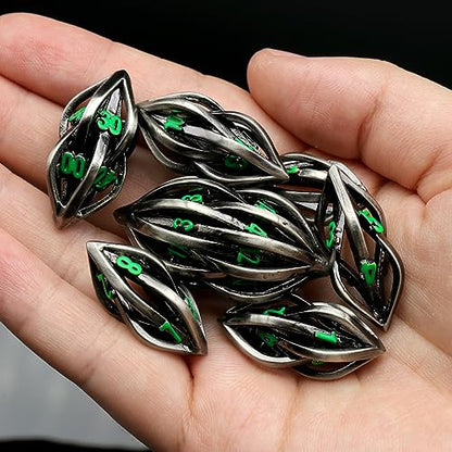 FONVGOGO Arcanum Dungeons and Dragons Dice Hollow Metal D and D Polyhedral Cool RPG Dice for Role Playing DND Gifts D20 D12 D10 D8 D6 D4 (Arcanum Green Number) - color: Arcanum Green Number