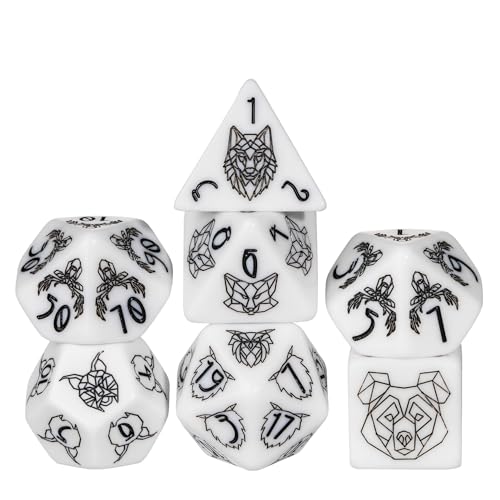 White DND Dice Set Beast Polyhedral Dice Set D&D for Tabletop Games | Leather Storage Bag, DM Gift, for Dungeons and Dragons Role Playing Games - color: Beast Pattern