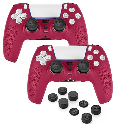 PS5 Controller Skin, Anti-Slip Soft Silicone Protective Cover Case for PlayStation 5 Controller Grip Accessories, 2 Pack with 8 x Thumb Grip Caps (Cosmic Red) - color: Cosmic Red