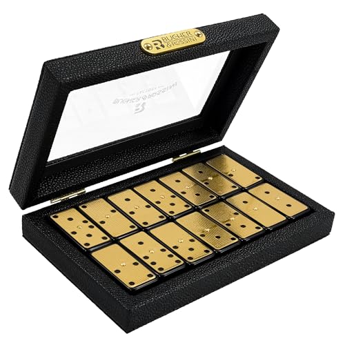 Bucher&Rossini Metal Surface Dominoes Set Double 6 for Adults and Kids - Classic 28Pieces Gold Metal Surface Domino's Game Set Idea Gift Present for Domino Players or Family Game Night - color: Gold New - Double 6
