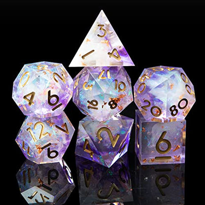 Sharp Edge DND Dice Set Handmade 7 Accessories Dice for Dungeons and Dragons TTRPG Games, Multi-Sided RPG Polyhedral Resin Sharp Edge Dice Roleplaying Games - color: Purple