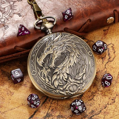 Mini DND Dice Set with Steampunk Dragon Large Pocket Watch Shell Case, 7-Piece Polyhedral Acrylic D&D Dice, DND Gift Bag with Dragon Logo, Role Play Board Game Accessories, Bronze + Purple - color: Bronze + Purple
