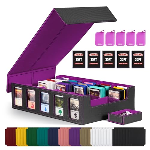 Kabinka Trading Card Storage Box with Commander Display, 5-Row Deck Case with Removable Lid; 3900+ Card Deck Box for MTG TCG Sports Card, 5 Top Loaders, 5 Stoppers, 48 Dividers,1 Dice Tray - color: A1-Black& Purple, size: 3900+
