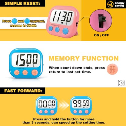 2 Pack Classroom Timers for Teachers Kids Large Magnetic Digital Timer Blue Pink - color: Blue Pink