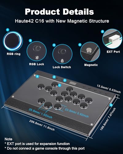 Haute42 Leverless Controller Arcade Stick: Magnetic Leverless Arcade Stick with RGB Rims,Premium Black Haute42 C16 Arcade Controller for PC/PS3/PS4/Switch Game with Lock Button Support Hot Swap & SOCD