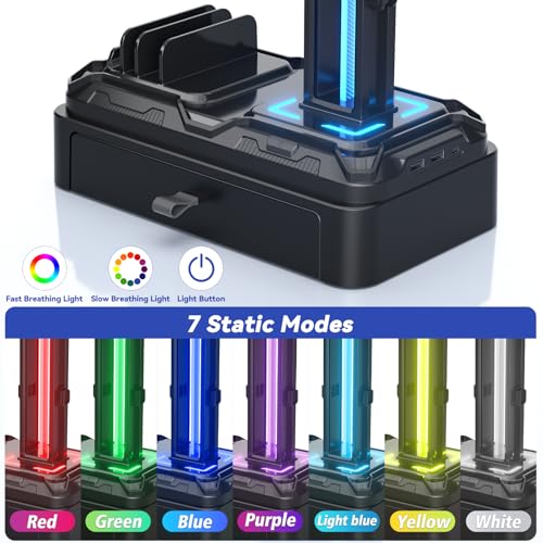 KDD Headphone Stand with USB A&C Charger Ports - RGB Controller Stand with Detachable Hooks - Rotatable Headset Hanger & Device Slot for Phones/Tablets - Drawer Storage Base for Gaming Desk Organizer