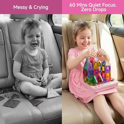 Mini Magnetic Tiles for Girls Travel: 60 PCS Pink Magnet Building Blocks in Tin Box to Stop Crying - 60 Mins Quiet Play 30s Cleanup Toy - Car Airplane Essentials Ages 3-8 - style: Pink 60PCS
